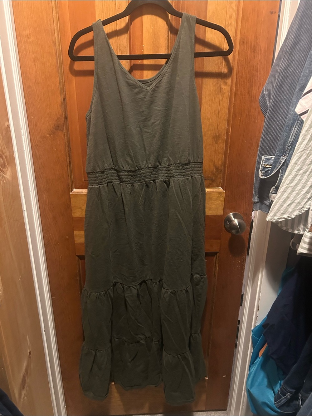 Amazon Essentials Olive Green Sleeveless Tiered Maxi Dress